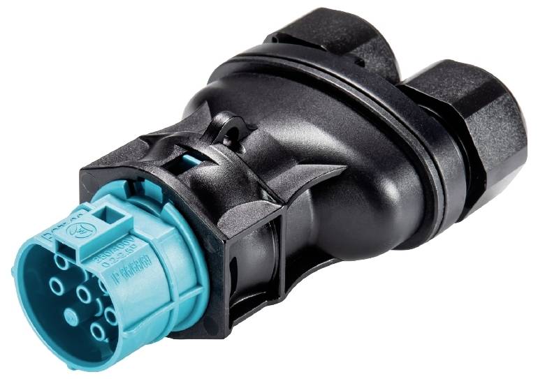 Schwarzer und blauer elektrischer Stecker mit mehreren Anschlussmöglichkeiten, geeignet für industrielle und technische Anwendungen.
