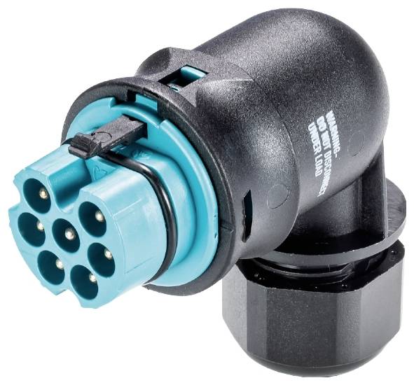 Ein siebentpoliger elektrischer Stecker mit blauer Buchse und schwarzem Gehäuse, wahrscheinlich für Fahrzeug- oder Transportanwendungen.