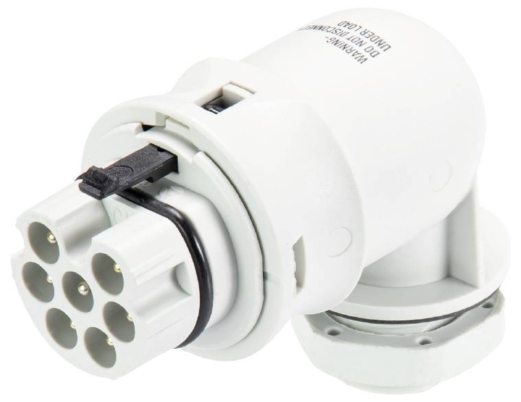 Ein weißer elektrischer Stecker mit mehreren runden Anschlüssen und einer schwarzen Sicherung.