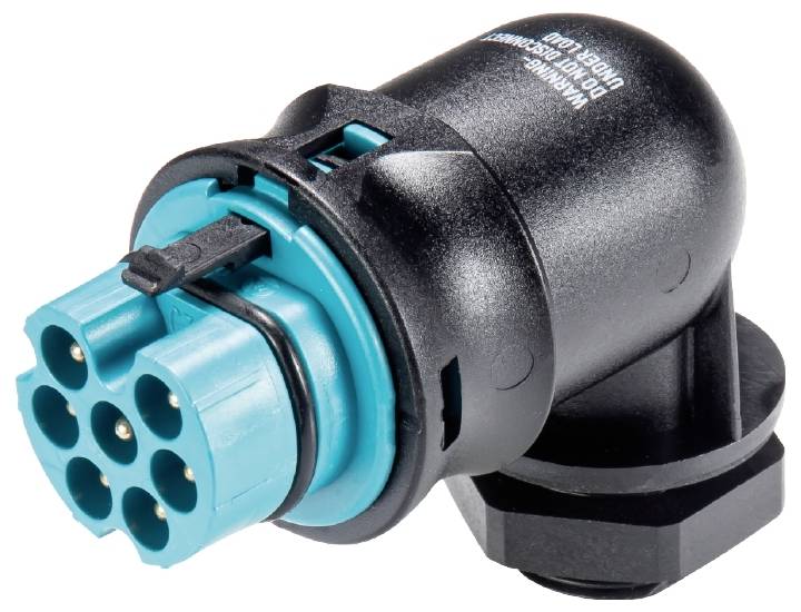Schwarzer und blauer elektrischer Stecker mit sechs runden Kontakten, seitliche Ansicht, für industrielle Anwendungen.
