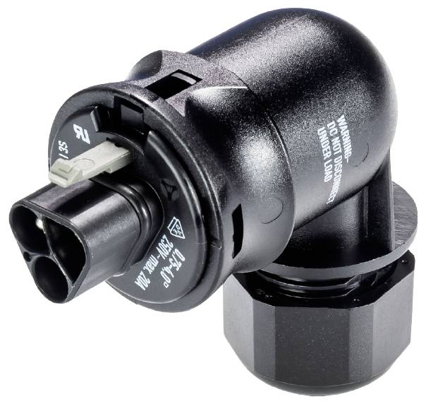 Schwarzer automobiler Sensorstecker mit rundem Gehäuse, elektrischen Anschlüssen und Warnhinweisen darauf, vor weißem Hintergrund.