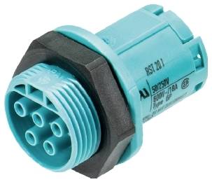 Ein blauer, zylindrischer Mehrfachstecker mit acht Pins und schwarzem Außengehäuse. Aufschrift: '50V/250V 600V/18A Type 6P'.