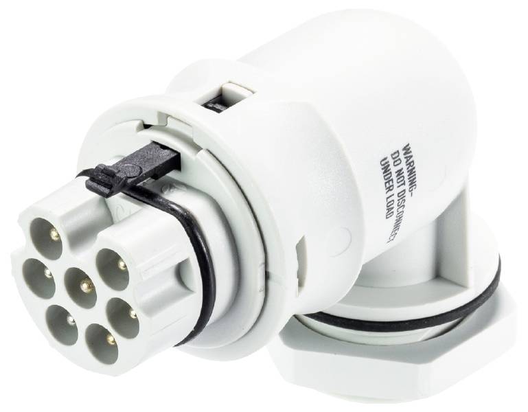 Ein weißer, runder elektrischer Stecker mit sieben Metallstiften und schwarzen Gummidichtungen, geeignet für KFZ-Anwendungen.