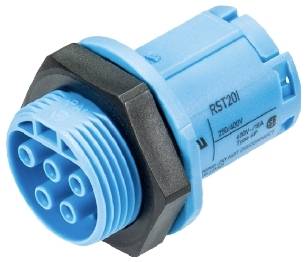 Blauer siebenpoliger elektrischer Stecker mit schwarzem Gewinde, seitlich aufgenommen.