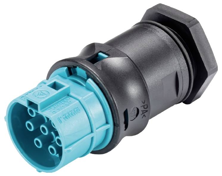 Schwarzer und blauer elektrischer Steckverbinder, zylindrische Form, dient zum Verbinden von Kabeln in elektrischen Geräten.