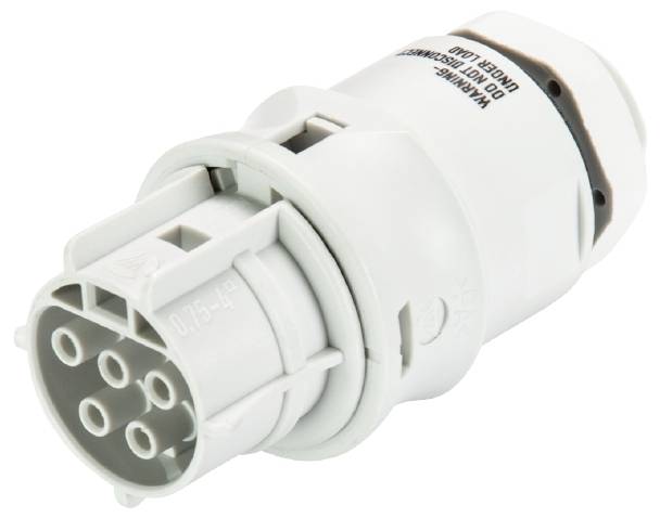 Ein weißer, zylindrischer Stecker mit mehreren runden Anschlüssen, vermutlich für industrielle Anwendungen.