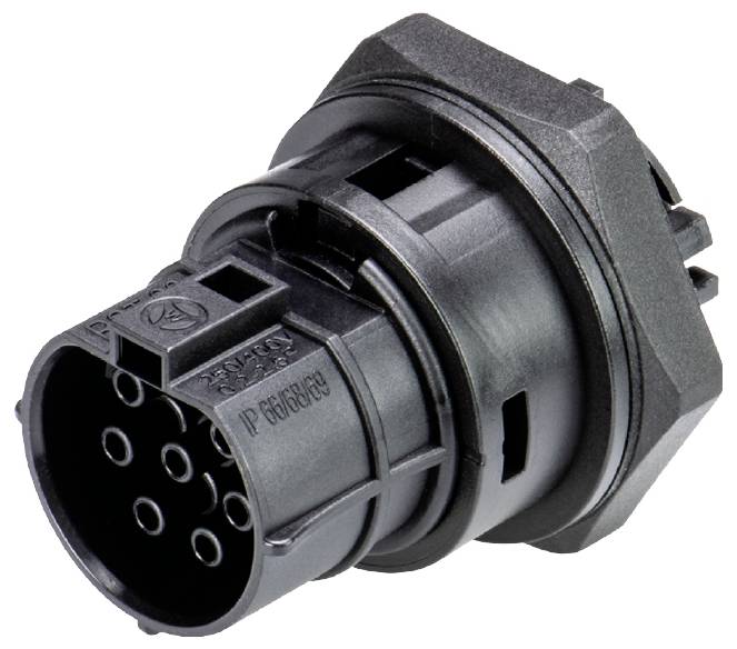 Ein schwarzer, zylindrischer, mehrpoliger Steckeradapter, hauptsächlich für elektrische Verbindungen in der Automobilindustrie verwendet.