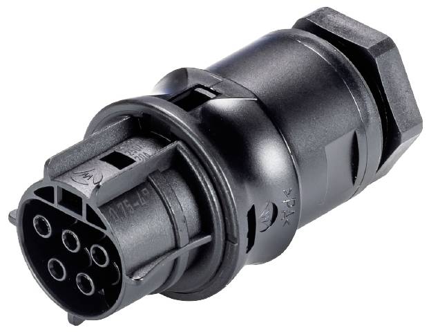 Schwarzer elektrischer Stecker mit mehreren Pins, verwendet für die Verbindung in elektrischen Systemen. Zylinderform mit robustem Design.