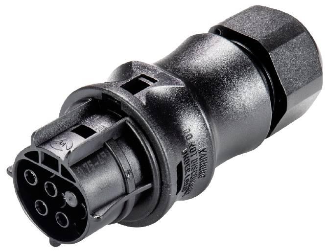 Schwarzer, zylindrischer Stecker mit mehreren Steckplätzen, vermutlich für industrielle oder technische Anwendungen.