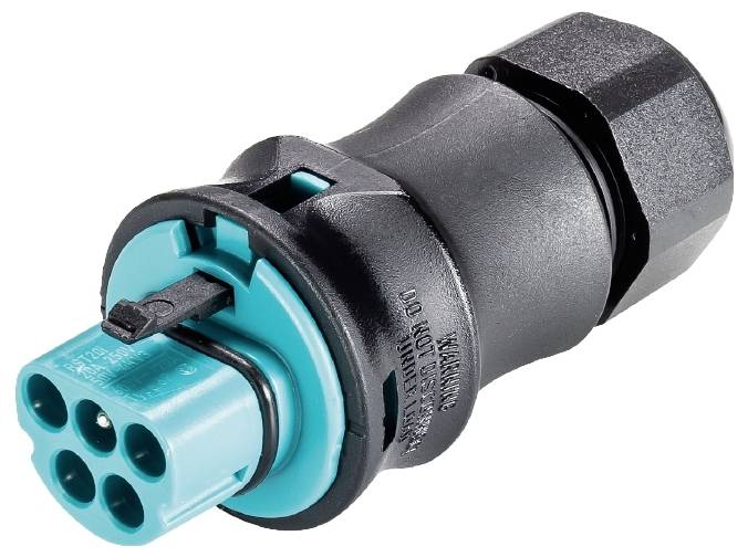 Ein runder, schwarzer Steckverbinder mit einem blauen Kunststoffanschluss, geeignet für elektronische Verbindungen in industriellem Umfeld.