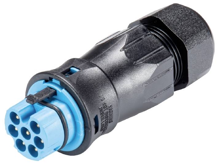 Ein schwarzer und blauer elektrischer Stecker mit mehreren Pins, geeignet für industrielle Anwendungen.