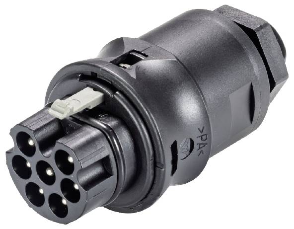 Ein schwarzer, siebenpoliger Rundstecker mit Kunststoffgehäuse, verwendet für elektrische Verbindungen in Fahrzeugen.