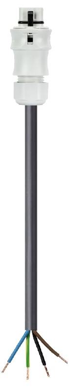Ein Kabel mit fünf farbigen Drähten, die aus einer weißen Kabelverschraubung herausragen.