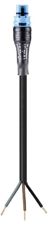 Ein schwarzes elektrisches Kabel mit blauer Steckverbindung, an dessen Ende drei Kupferdrähte freiliegen.