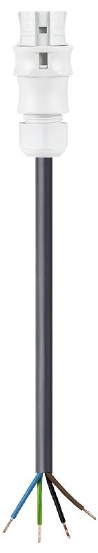 Ein weißer Stecker mit offenem schwarzen Kabel. Fünf farbige Drähte (blau, grün, gelb, braun, schwarz) sind am Kabelende sichtbar.