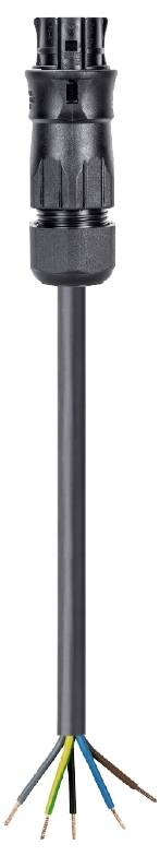 Schwarzes Kabel mit abisolierten Enden in Blau, Grün-Gelb, Braun und Schwarz, oben mit schwarzem Stecker verbunden.