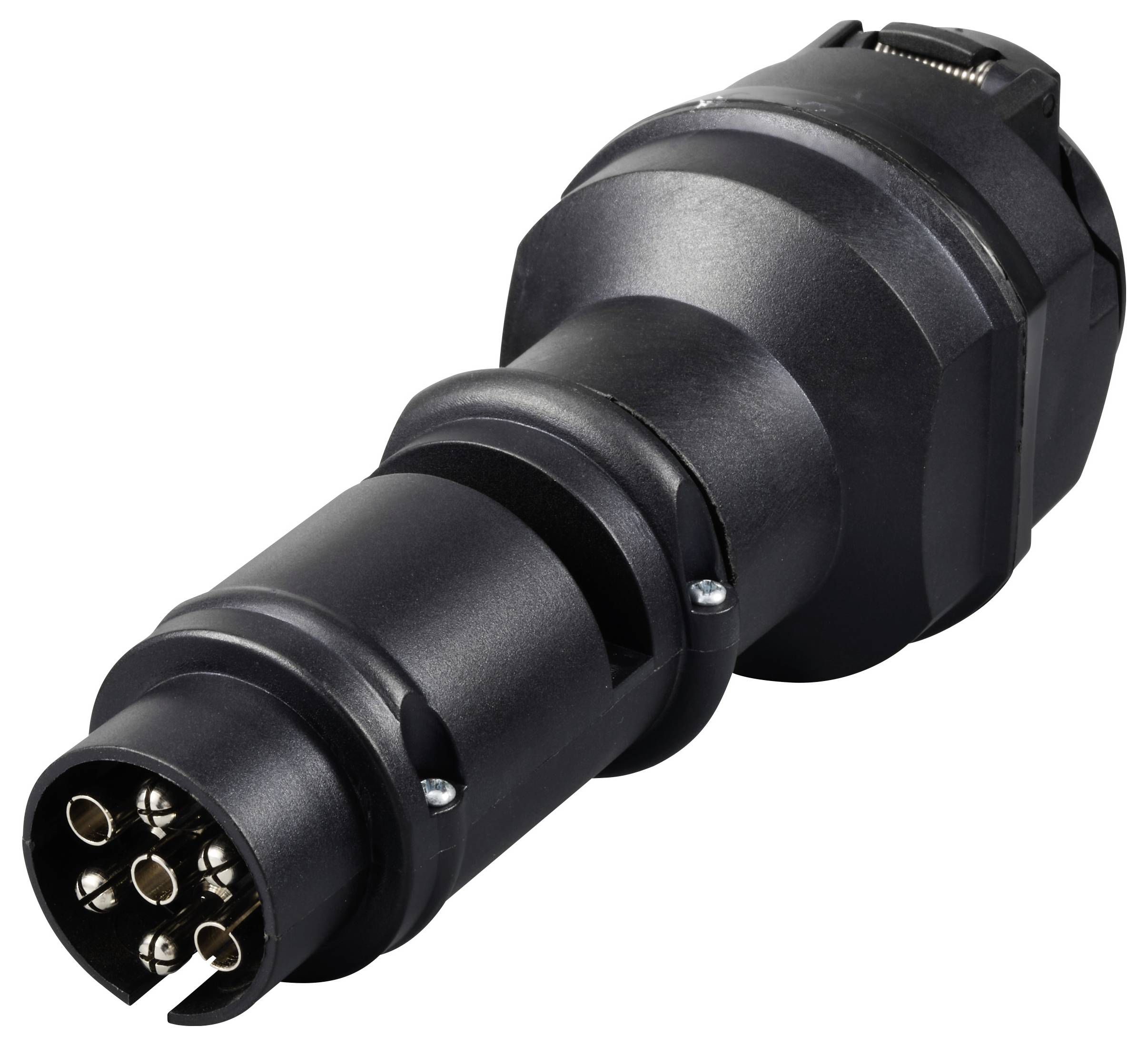 Ein schwarzer Adapterstecker mit mehreren Metallstiften zum Anschluss von Fahrzeugen an Lade- oder Stromversorgungssysteme.