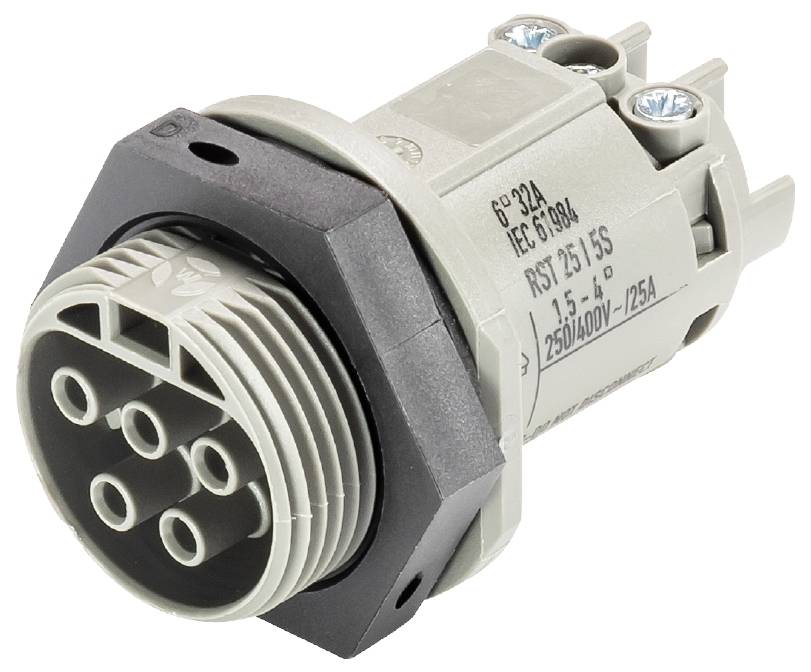 Ein grauer industrieller Steckverbinder mit mehreren Pins, gekennzeichnet mit 'RST', für elektrische Verbindungen.