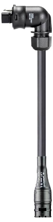 Ein schwarzer, gebogener Industrieanschluss oder -adapter mit Kabel. Detaillierte Beschriftungen sind auf dem Adapter sichtbar.