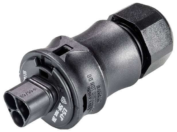 Ein schwarzer elektrischer Steckverbinder, zylindrische Form, mit mehreren Stiftanschlüssen und Sicherheitskennzeichnungen.