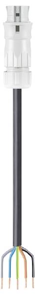 Ein weißer Kabelverbinder mit schwarzen Kunststoffkabeln, die fünf farbige Kupferdrähte enthalten: blau, grün, braun, grau, schwarz.
