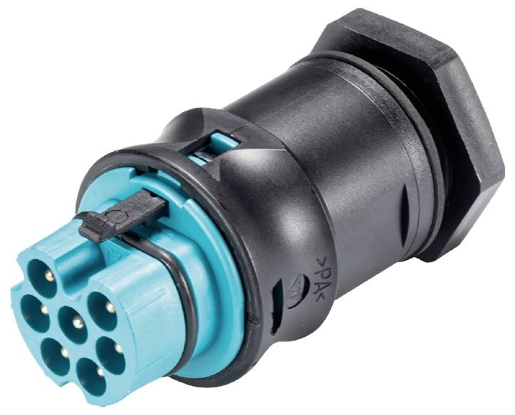 Ein schwarzer, sechspoliger Steckverbinder mit blauer Verbindungseinheit. Verwendet für elektrische Verbindungen in Geräten.