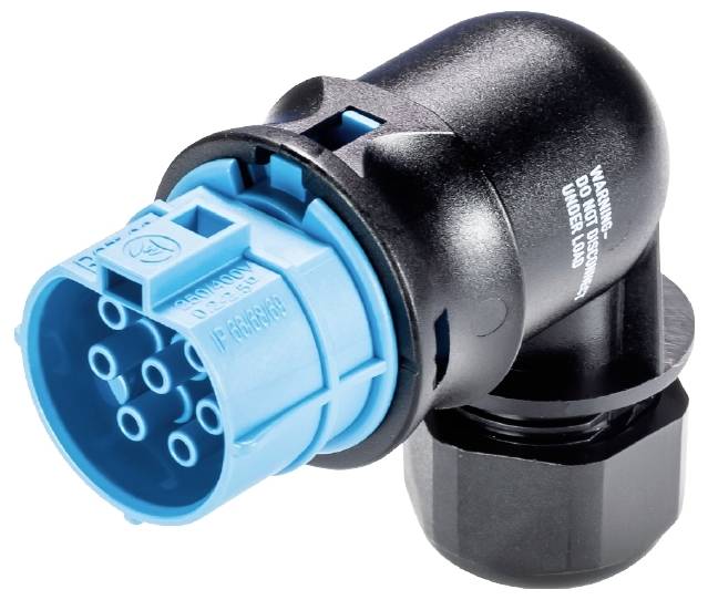 Winkelstecker mit blauer Steckverbindung und schwarzem Gehäuse, geeignet zur Kabelverbindung in elektrischen Installationen.