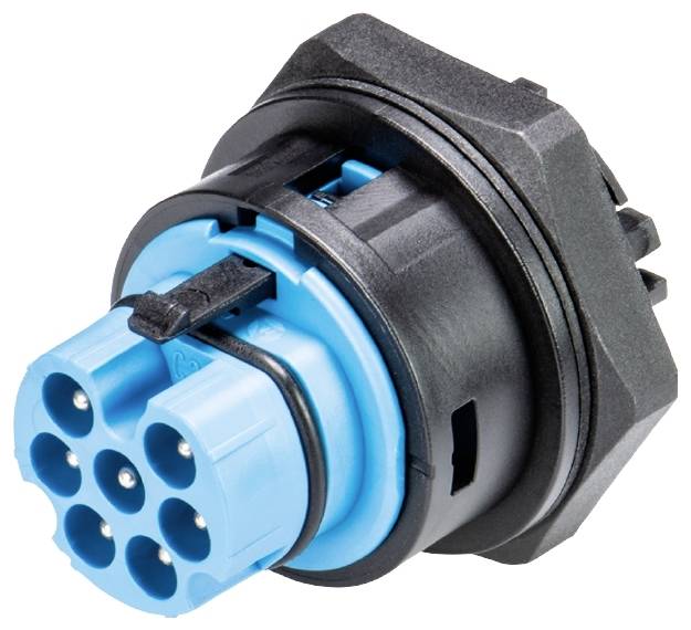 Mehrpoliger, blauer und schwarzer elektrischer Stecker, geeignet für industrielle Anwendungen.