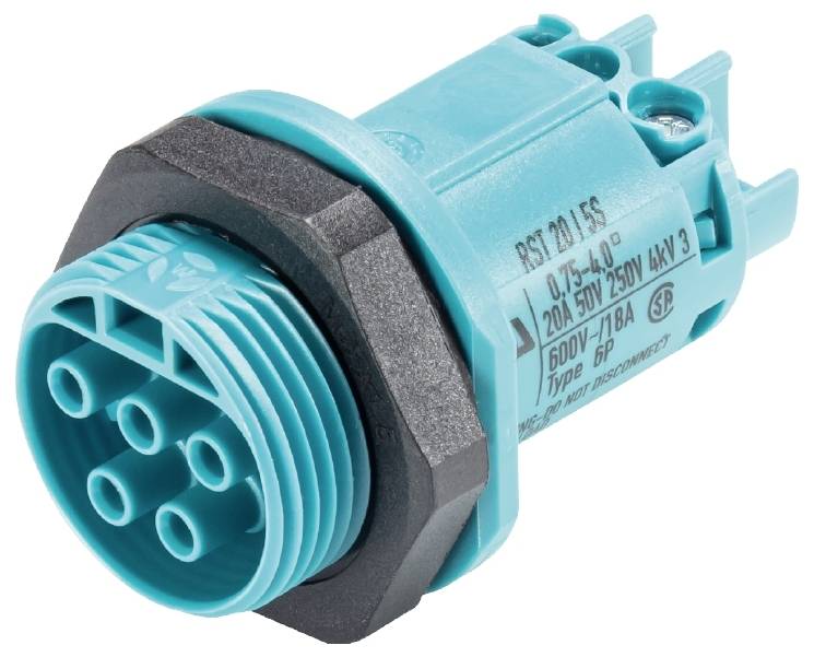 Elektrischer Steckverbinder in blauer Färbung, mit sechs Steckplätzen und Beschriftung zur Spannungs- und Stromstärkeangabe.