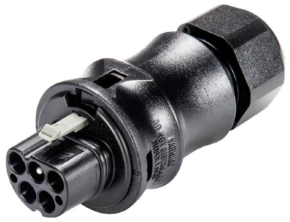 Ein schwarzer, sechspoliger Kabelstecker mit Schraubverbindung, für elektrische Anwendungen geeignet, zeigt Details der Bauform.