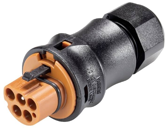 Fünfpoliger, wasserdichter elektrischer Steckverbinder mit orangem und schwarzem Gehäuse, geeignet für industrielle Anwendungen.