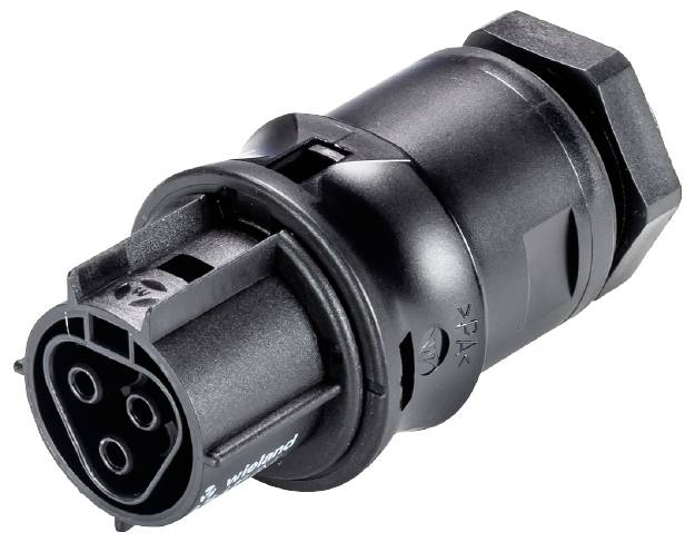 Schwarzer elektrischer Stecker mit drei Kontaktpunkten, geeignet für industrielle Anwendungen, robustes Kunststoffdesign.