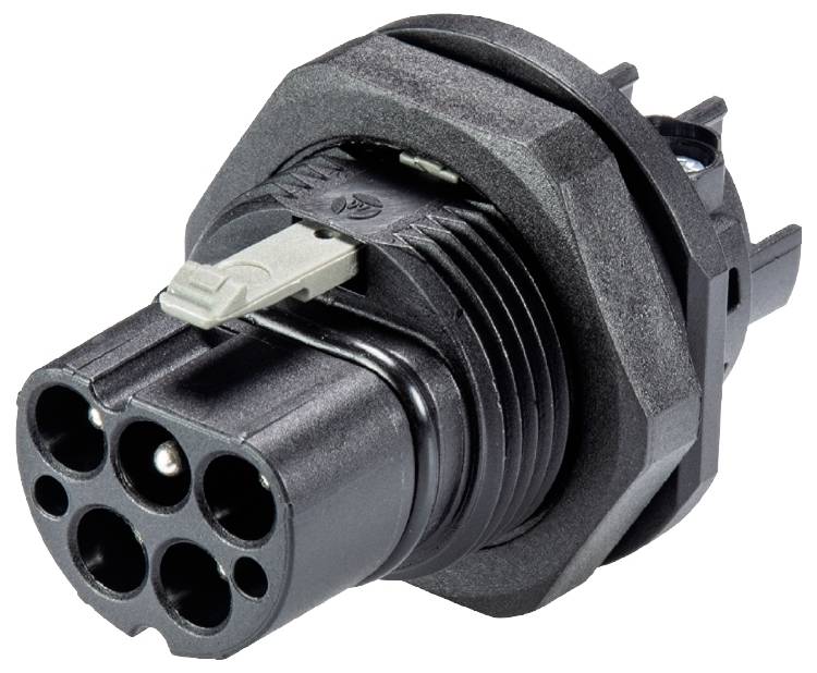 Schwarzer sechspoliger Stecker mit Gehäuse, geeignet für elektrische Verbindungen in technischen Anwendungen.