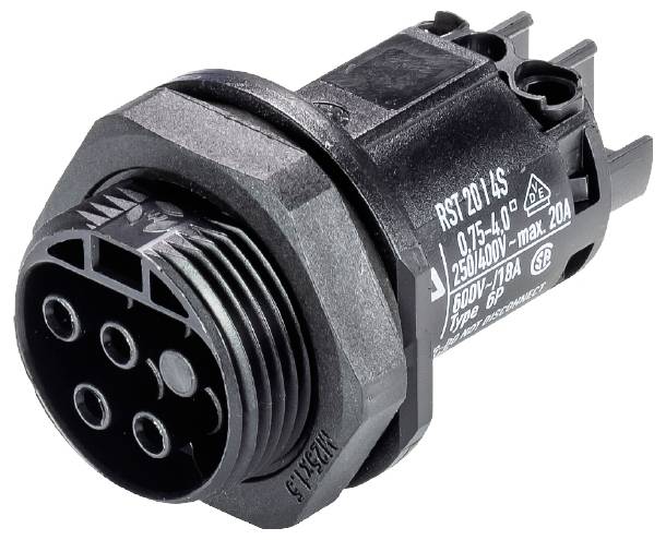 Ein zylindrischer Stecker mit mehreren Kontaktstiften, geeignet für 250/400V, maximal 20A. Schwarzes Gehäuse mit technischen Beschriftungen.