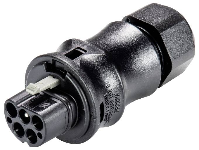 Ein schwarzer elektrischer Stecker mit mehreren Pins, geeignet für industrielle Anwendungen, auf einem weißen Hintergrund.