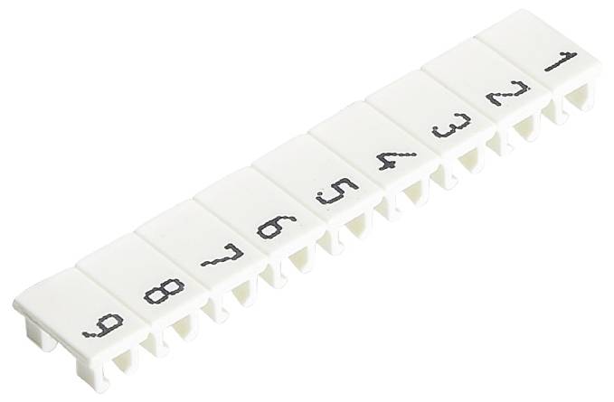 Weiße Kunststoffabdeckung mit aufgedruckten schwarzen Zahlen von 1 bis 10 in einer Reihe. Verwendet zur Kennzeichnung.