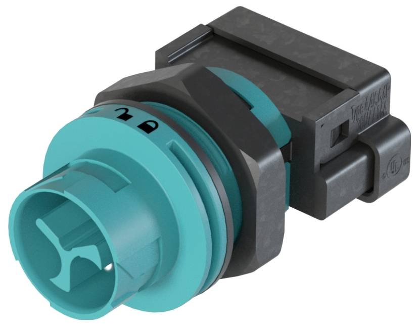 Blauer und grauer elektrischer Stecker mit zylindrischem Ende und rechteckigem Gehäuse. Geeignet für industrielle Anwendungen.