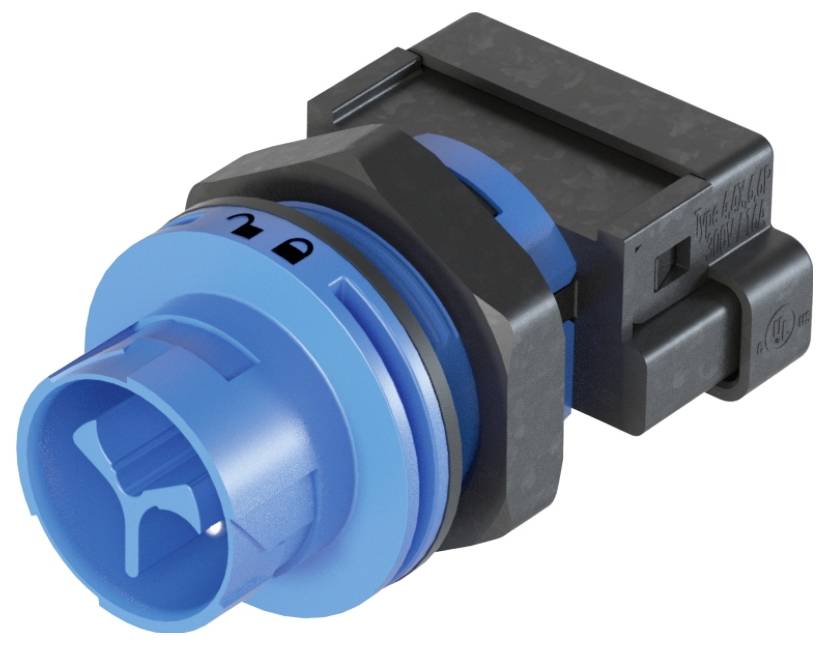 Ein blauer Steckverbinder mit schwarzer Verkabelung, verwendet in elektrischen oder elektronischen Anwendungen.
