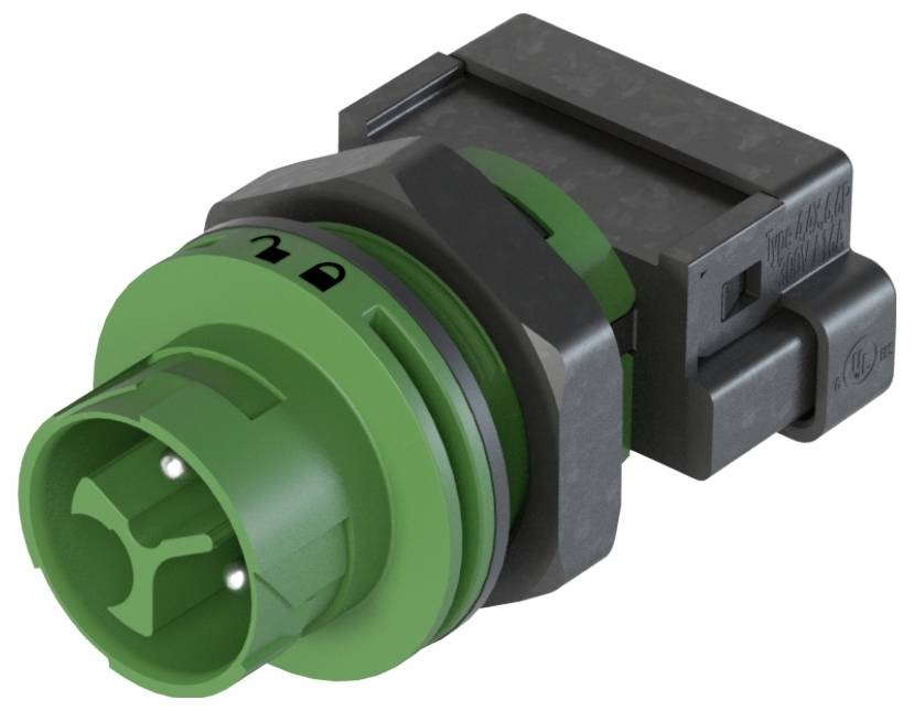 Ein grüner und grauer Steckeradapter mit einer runden Anschlussbuchse und einem rechteckigen Gehäuse, geeignet für technische Anwendungen.