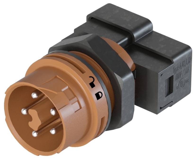 Ein elektrischer Stecker mit mehreren Stiften und einem orangefarbenen Gehäuse. Er ist für industrielle Verbindungen ausgelegt.