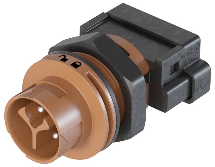 Ein runder, orangefarbener Stecker mit einer schwarzen, rechteckigen Basis. Er hat eine vierpolige Öffnung zur elektrischen Verbindung.