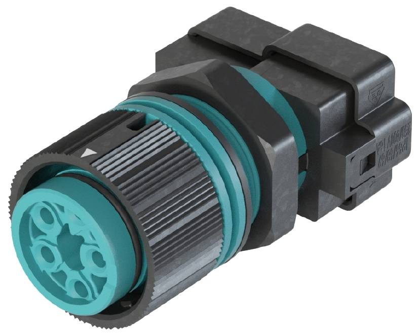 Ein schwarzer und türkisfarbener elektrischer Steckeradapter mit einem zylindrischen Körper und mehreren Anschlüssen.