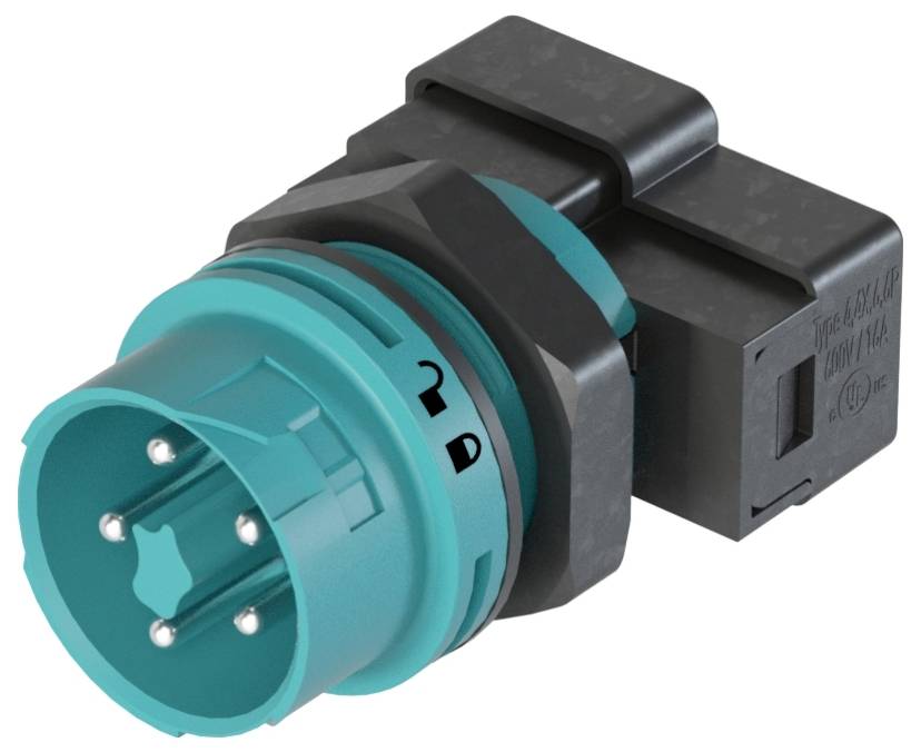 Stecker mit mehreren Metallstiften, blau-grünem Gehäuse und schwarzem Kunststoffteil. Verwendung in elektronischen Geräten.