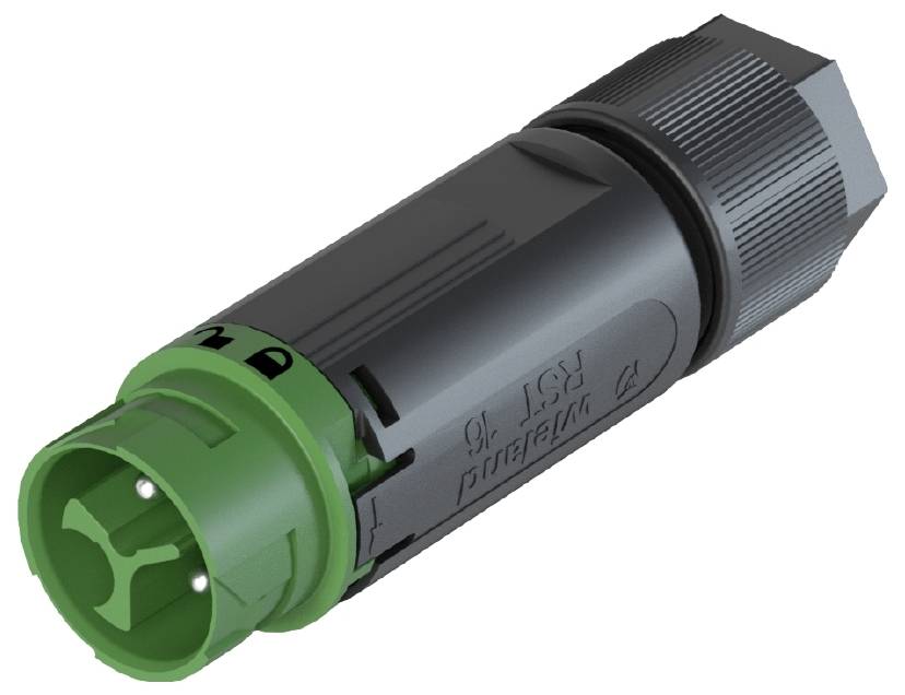 Steckverbinder mit grünem Steckkopf und grauem Gehäuse, verwendet für elektrische Verbindungen in verschiedenen technischen Anwendungen.