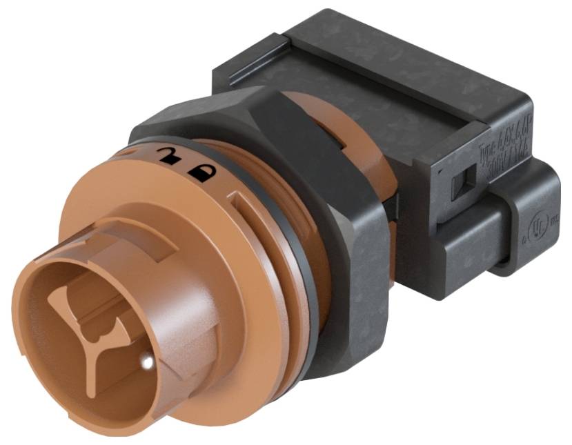 Ein schwarzer und orangefarbener elektrischer Steckverbinder mit komplexer Form, geeignet für elektronische oder Autoanwendungen.