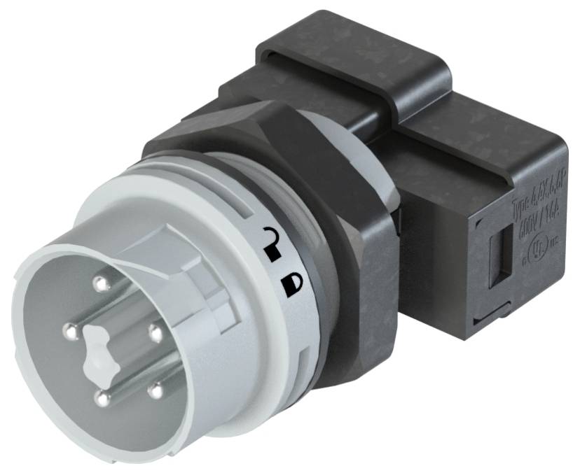 Ein elektrischer Stecker mit grauem Kunststoffgehäuse und mehreren Metallstiften, geeignet für industrielle Verbindungen.