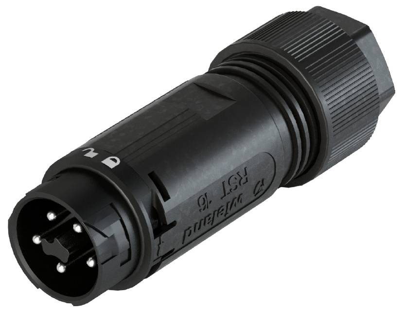 Schwarzer zylindrischer elektrischer Stecker mit mehreren Metallstiften auf einer Seite, Gehäuse mit geripptem Griffbereich.
