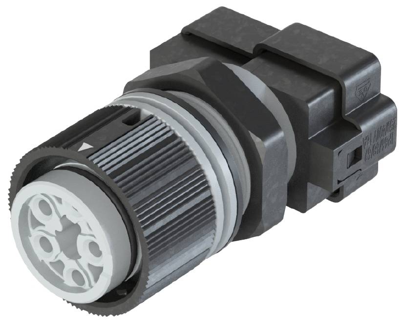 Ein schwarzer und grauer runder elektronischer Stecker in Nahaufnahme mit mehreren Steckplätzen zur Verbindung.
