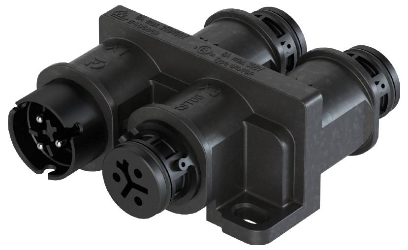 Schwarzer elektrischer Stecker mit zwei runden, mehrpoligen Anschlüssen, geeignet für industrielle Anwendungen.
