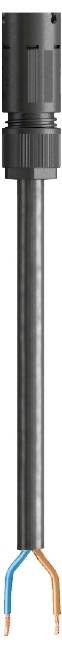 Ein schwarzer, zylindrischer Kabelstecker mit geöffneter Endkappe zeigt zwei herausragende Kabel in Blau und Braun.